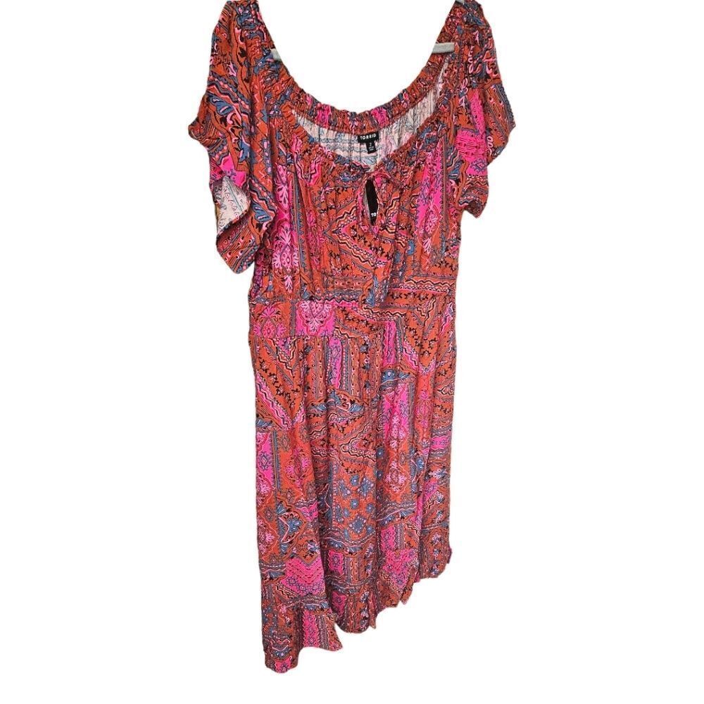 TORRID 2X tea length boho challis off shoulder peasent dress  NWT - Picture 3 of 14